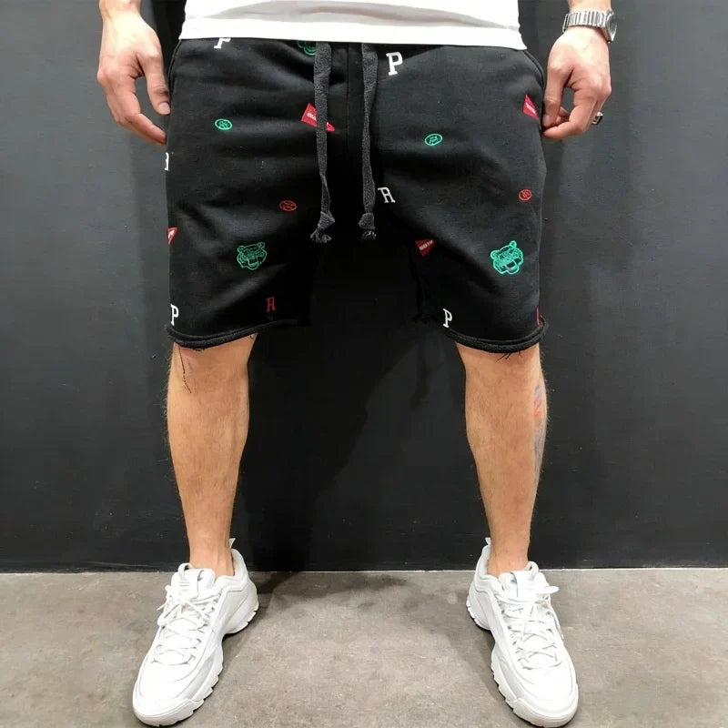 Spring Summer Mens Cotton loose Shorts Streetwear Bodybuilding Embroidered casual Short pants Jogger sports Tiger head Shorts