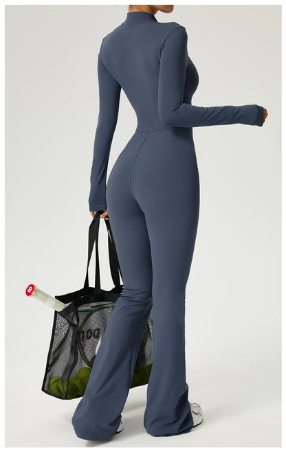 Zipper Jumpsuit Flared Pants Women Clothing Sportswear Gym Yoga Sport Sets Spandex Nylon Workout Sets Women Tracksuit