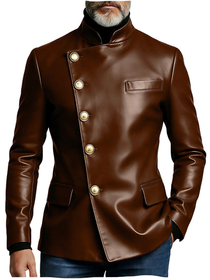 Vintage Men's PU Leather Blazer Slim Fit Double Breasted Stand Collar Jacket Gold Button Business Casual Wedding Prom Suit Coat