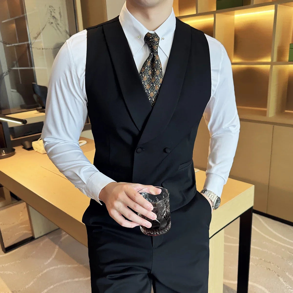 High-end Double-breasted Suit Vest With Pants 2024 New Men Fashion Slim Business Casual Best Groom Wedding Dress Vest  2 Pcs Set
