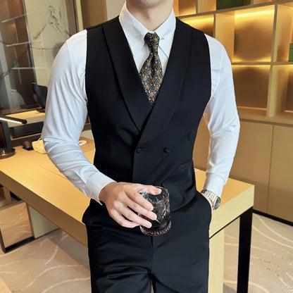 High-end Double-breasted Suit Vest With Pants 2024 New Men Fashion Slim Business Casual Best Groom Wedding Dress Vest  2 Pcs Set