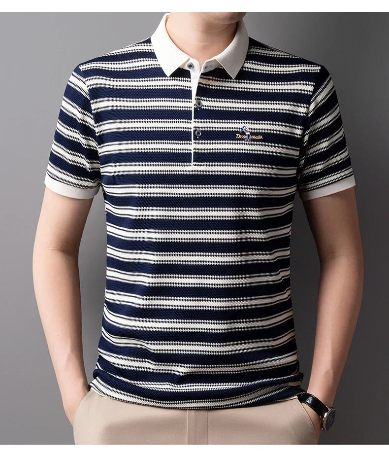 Classic striped men polo shirt summer cool breathable short sleeve fashion brand letter embroidery luxuriou casual lapel T-shirt
