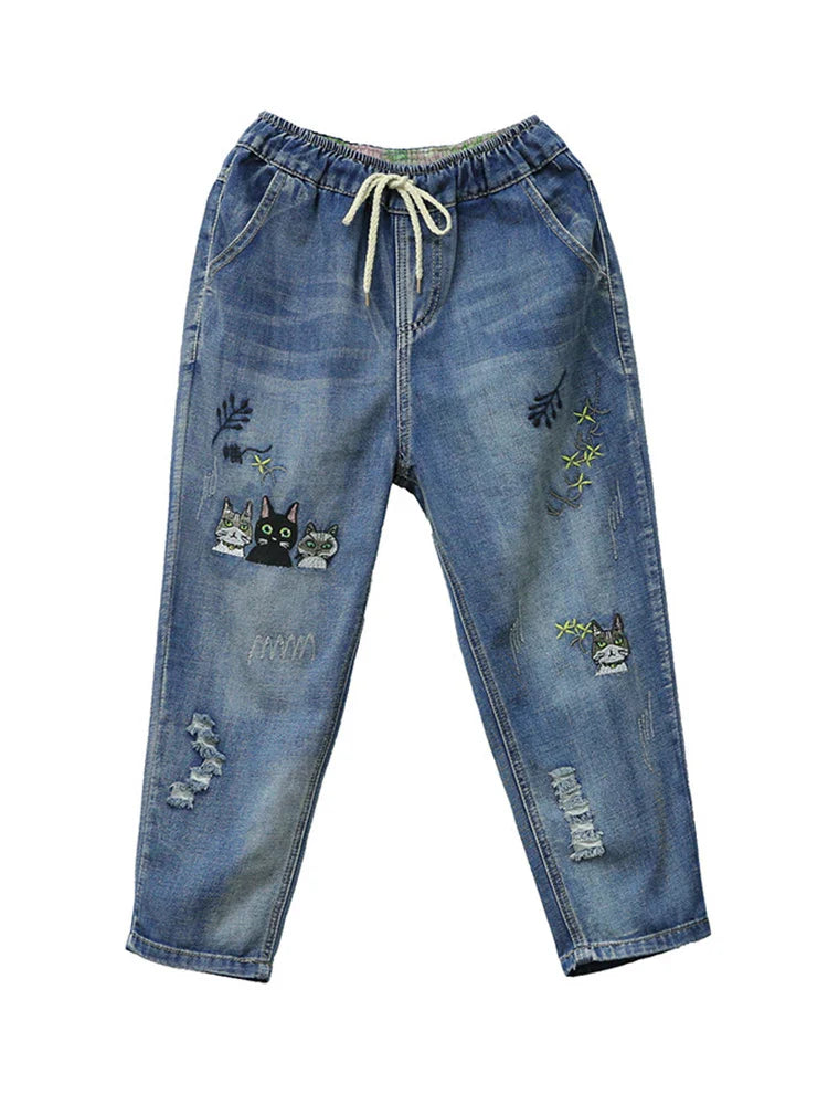 2025 Fashion Summer Streetwear Denim Trousers Ladies Vintage Elastic Jeans Womens Casual Loose Embroidery Harem Pants