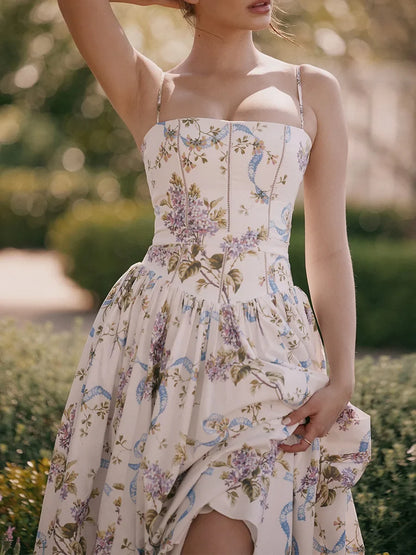 Summer Floral Print Dress Elegant 2025 New Arrivals Spaghetti Strap Flare Dress Maxi Holiday Party Dresses Women