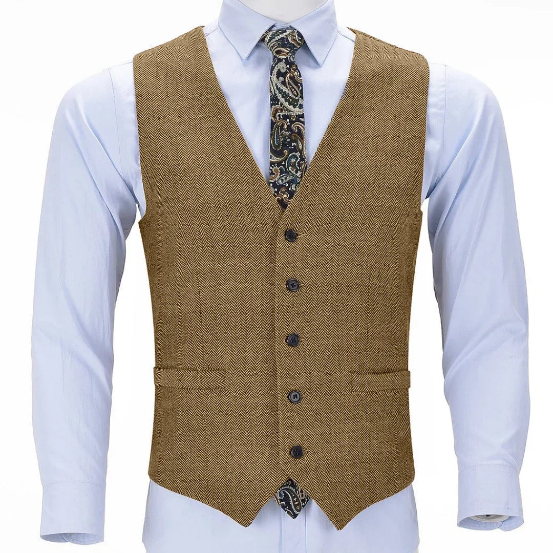 Men Vest Brown Herringbone Single Button V Neck Solid Waistcoat For Business Banquet Work Casual Daily Men Suit Vest