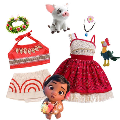 New Moana Dress Costumes Kids Girl Cosplay Toddler Movie Ocean Adventure Infant Frock Halloween Party With Chick Clothes