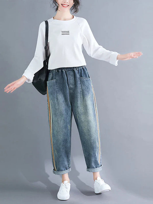 Large Size Artistic Faded Denim Jeans Women's Side Stripe Harlan Long Pants Spring Faion High Waist Regular Thin