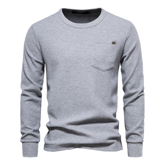 Waffle Cotton Solid Color Men Tshirts Single Pocket Long Sleeve Tee Shirts for Men New Spring Basic Breathable Tops Men