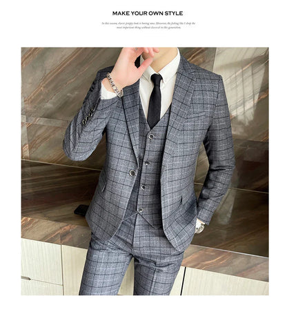 Men's High-Quality Cotton Texture Wedding Suit Set - Plaid Pattern Business Casual Three-Piece Vest Trousers Ensemble