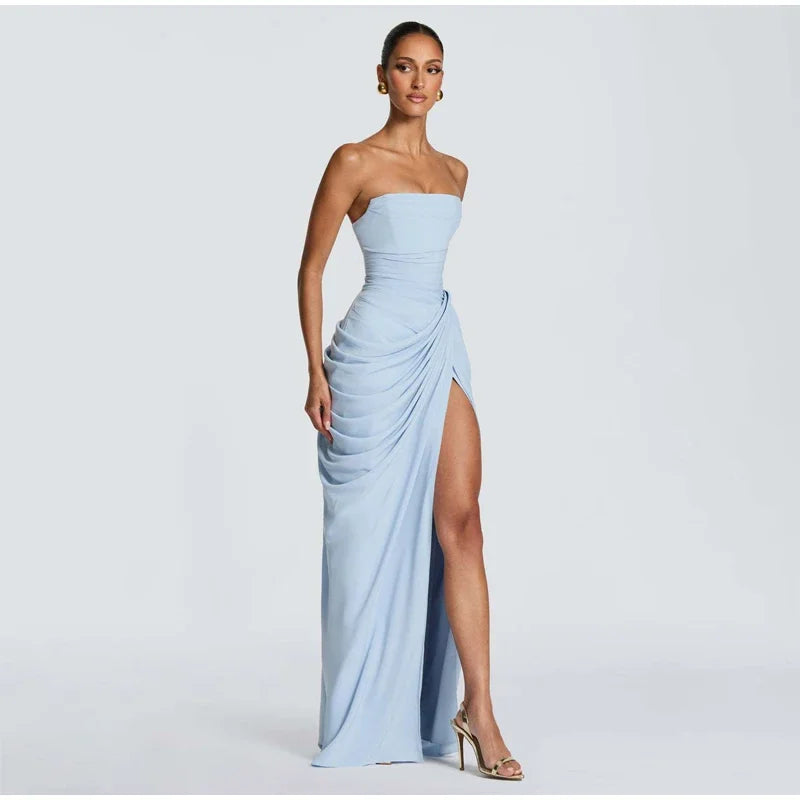 Women Strapless Pleated Long Dress Elegant Solid Split Sleeveless Backless High Waist Slim Fit Maxi Dresses 2026 Lady Party Robe