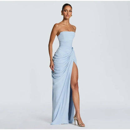 Women Strapless Pleated Long Dress Elegant Solid Split Sleeveless Backless High Waist Slim Fit Maxi Dresses 2026 Lady Party Robe