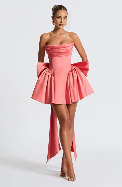 2025 Satin Strapless Back To School Dress with A Large Bow At The Back, Mini Skirt for Teenagers Cocktail Dress Short DanceDress