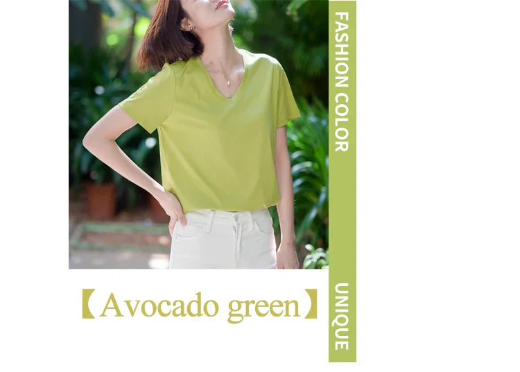 6% Real Silk Cotton Modal Women's T-shirt 2026 Summer Tees Short Sleeve Solid Tee Shirts V-neck Casual Woman Basic T shirt Tops