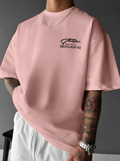 Men  Summer Streetwear Printed T-shirt with Cherry and Mount Fuji Patterns Loose Round-neck Casual Top Fashionable and Versatile