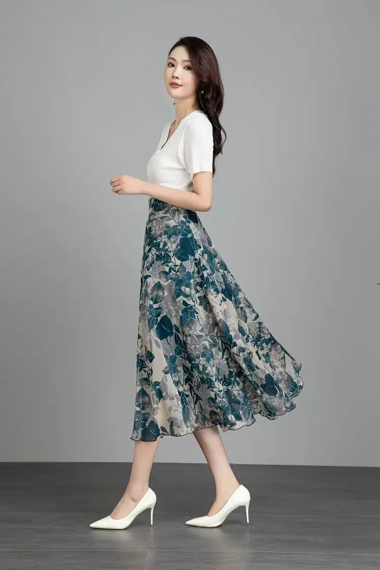Women's Floral Print Chiffon Maxi Skirt High Waist A-line Casual Summer Skirt
