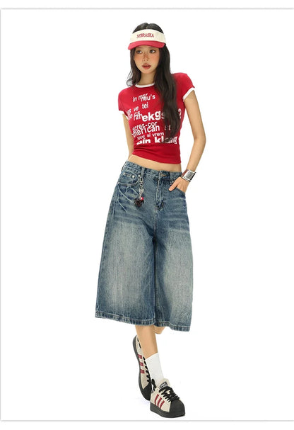 Vintage Washed Loose Straight Leg Denim Capri Men Women Lightning Print Streetwear Shorts