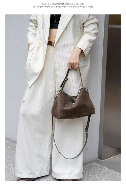 Fashion Autumn Winter Big Boston Tote Soft Matte Suede Cow Leather Women's Handbag Shoulder Crossbody Bag For Women Grey Brown
