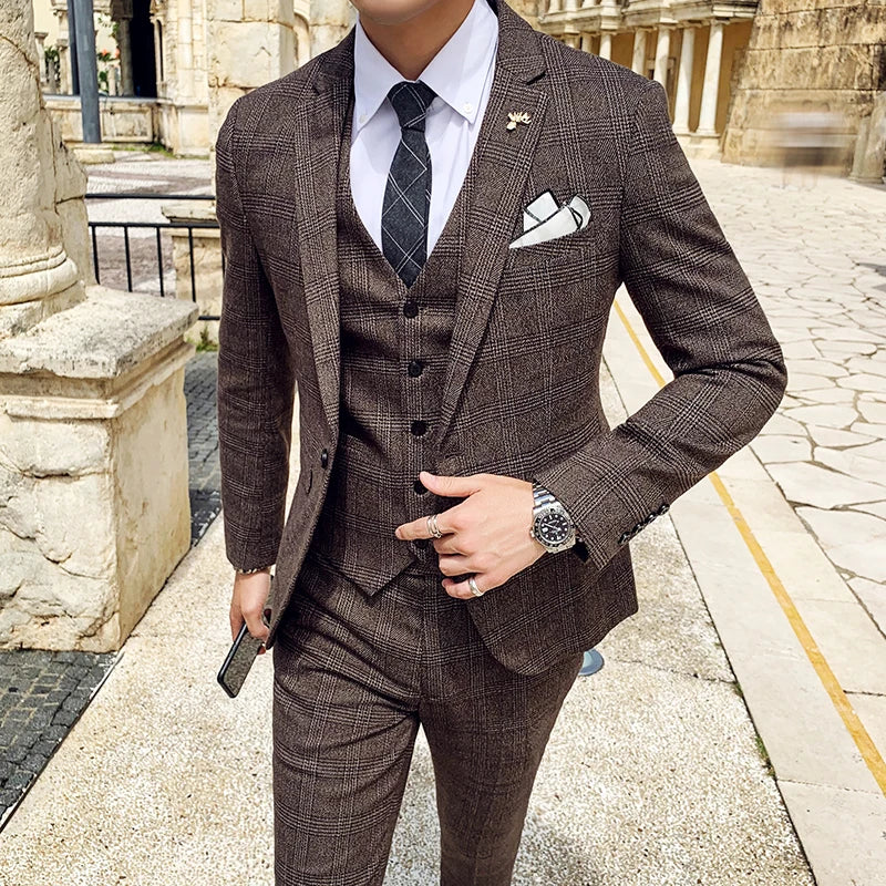 Coffee Brown Men Striped Plaid 3-Piece, Dark Blue Wedding Party Slim Fit Blazers Jacket and Vest with Pants, Asian Size M-5XL