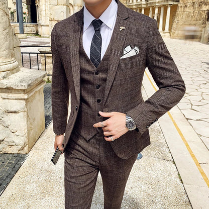 Coffee Brown Men Striped Plaid 3-Piece, Dark Blue Wedding Party Slim Fit Blazers Jacket and Vest with Pants, Asian Size M-5XL