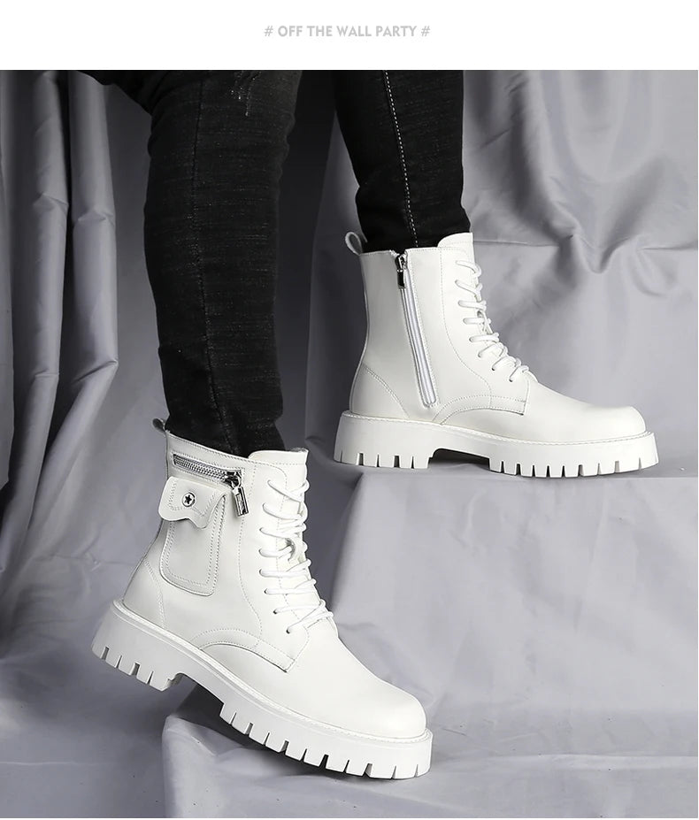 Fashion White Boots For Men New British Style Platform Motorcycle Boots Good Quality Casual Men’s High Top Leather Shoes Punk