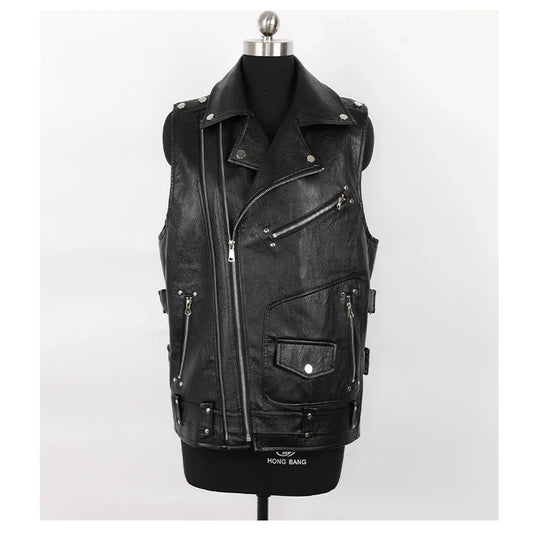 Autumn Black Motorcycle Pu Leather Vest Men Zipper Pockets Plus Size Faux Leather Biker Sleeveless Jacket 4xl 5xl