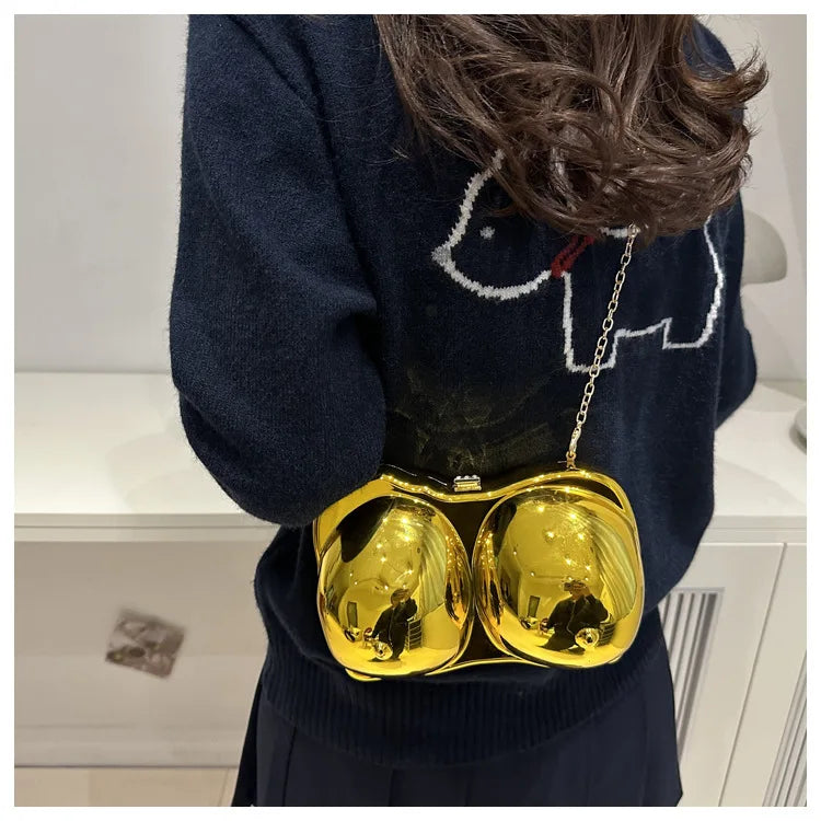 Party Purse Chest Shape PVC Bag For Women 2025 Mini Crossbody Bag Metal Chain Shoulder Bag Luxury Gold Silvery Lipstick Pouch