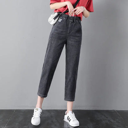 Elastic Waist Dad Harem Jeans Women's Light Blue Spring Summer New Style High Waist Wear Resistant Eighteen Inches Blue Jeans