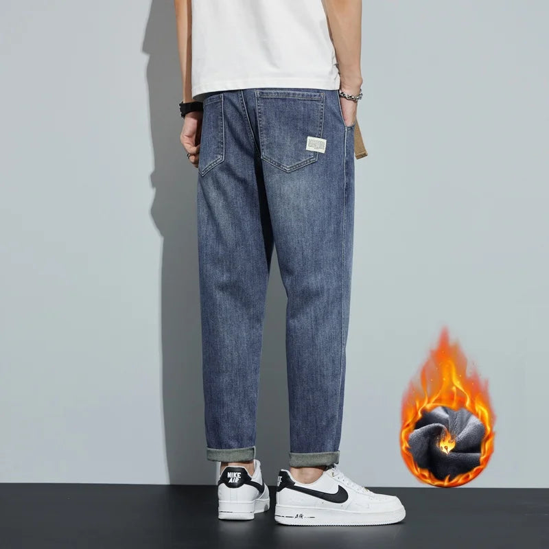 Winter Dark Blue Fleece Jeans for Men Black Loose Straight Casual Trendy Comfortable Versatile Youth Thickened Harem Pants Blue