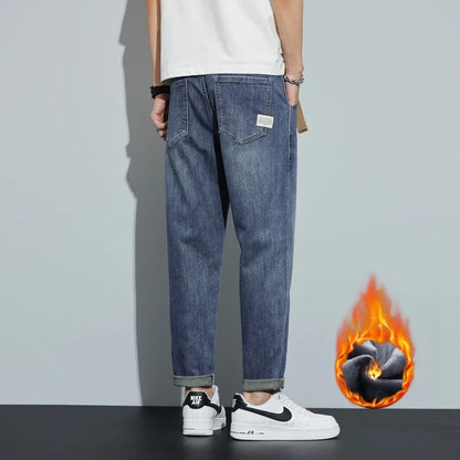 Winter Dark Blue Fleece Jeans for Men Black Loose Straight Casual Trendy Comfortable Versatile Youth Thickened Harem Pants Blue