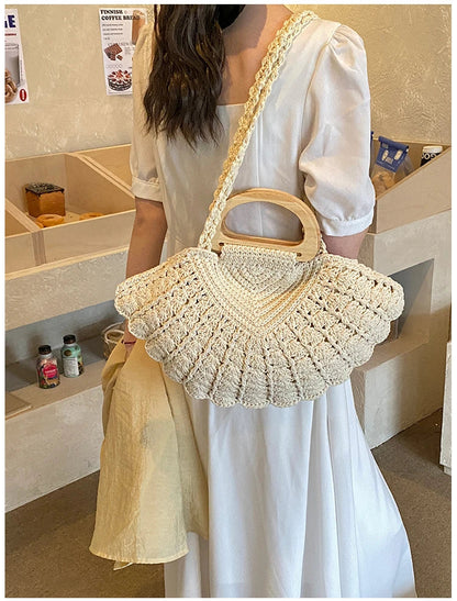2026 New Retro Fan-shaped Crochet Woven Underarm Bag for Women Ins Style Seaside Vacation Versatile Wooden Handle Shoulder Bag
