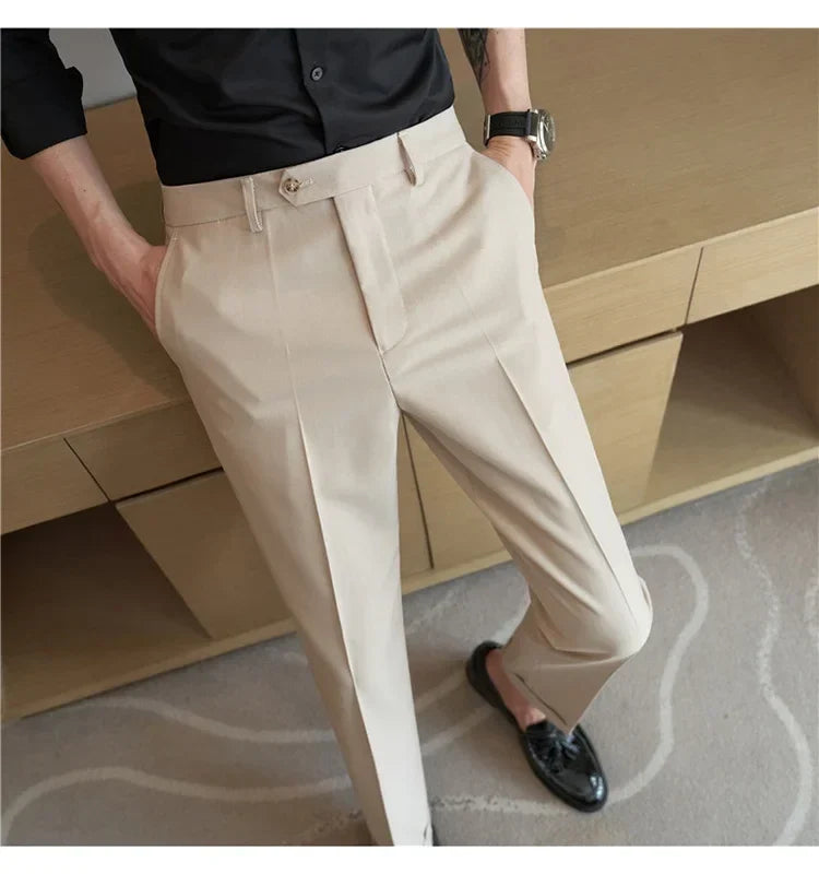 2024 New Men's Slim Fit Tapered Dress Pants Apricot Pearlescent Texture Business Casual Suit Trousers Spring Clothes