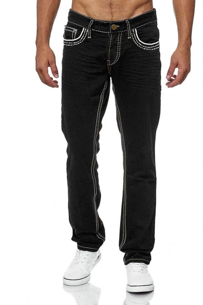 Vintage Men Jean Denim Pants Washed Pockets Mid Waist Zipper Fly Loose Fit Punk Style Distressed Ankle Length Straight Jeans
