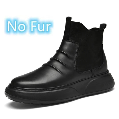 Luxury Brand Male Slip on Chelsea Boots Genuine Leather Mens Warm Winter Shoes High Quality Ankle Boots Men Handmade Snow Boots