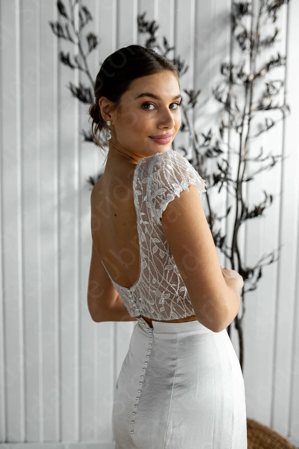 Customized Summer Wedding Dress Two Pieces Bridal Gowns Boho Lace Bride Dresses Cap Sleeves Wedding Gowns Side Slit Back Out