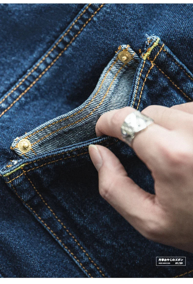 Men Vintage Washed Denim Jeans 12.8 OZ Straight Dark Blue Loose Casual Wide Leg Pants Male Streetwear Blue Jeans Trousers