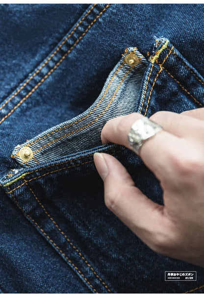 Men Vintage Washed Denim Jeans 12.8 OZ Straight Dark Blue Loose Casual Wide Leg Pants Male Streetwear Blue Jeans Trousers