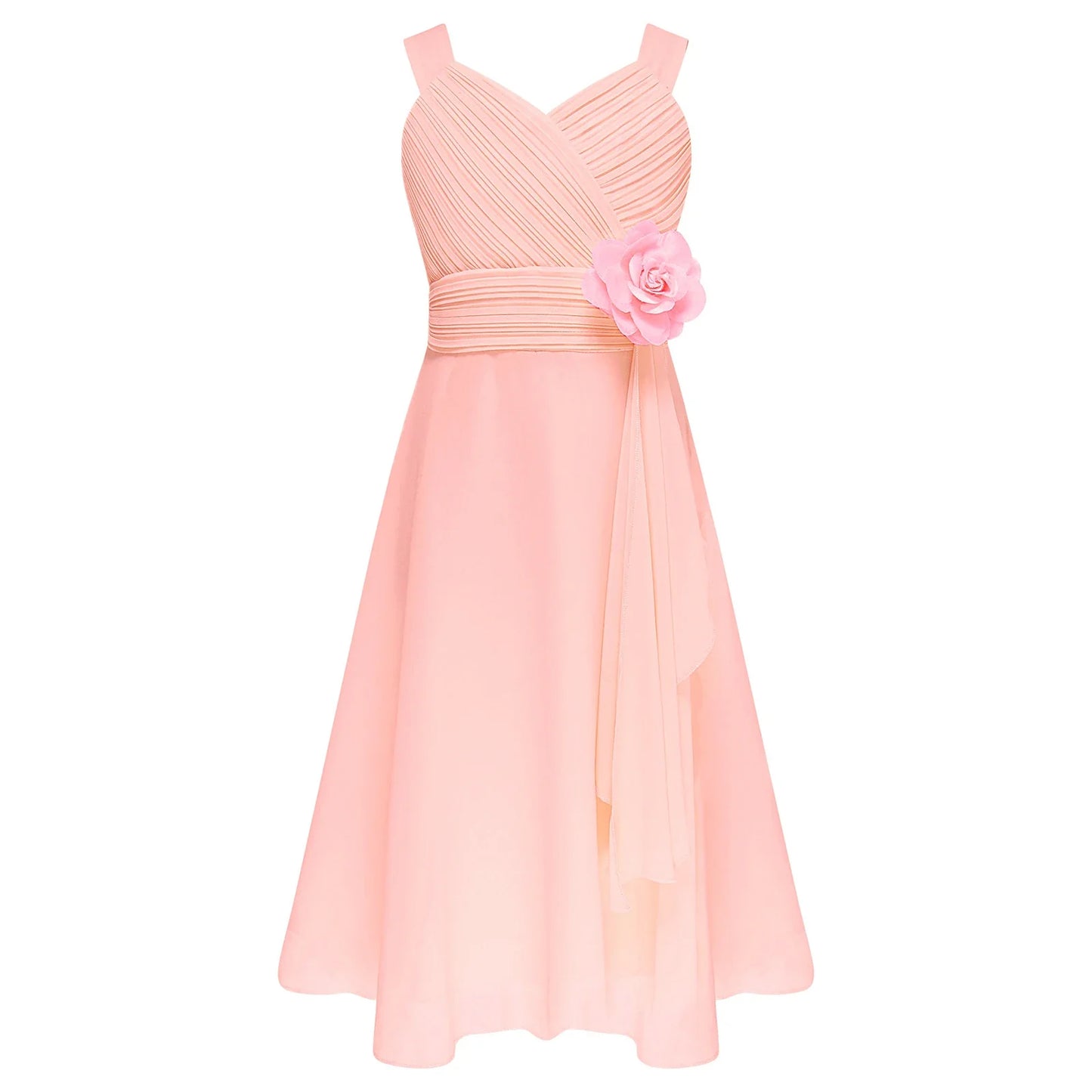Summer Fashion Flower Girls Dress Wedding Birthday Party Kids Chiffon Dress Sleeveless Ruched Bodice Elegant Princess Dress