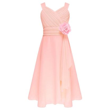 Summer Fashion Flower Girls Dress Wedding Birthday Party Kids Chiffon Dress Sleeveless Ruched Bodice Elegant Princess Dress
