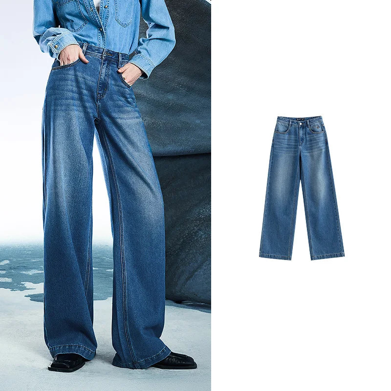 Women Denim Jeans 2025 Spring New Acetate Wide Leg Mid Low Waist Slim Fit Straight Wide Leg Pants