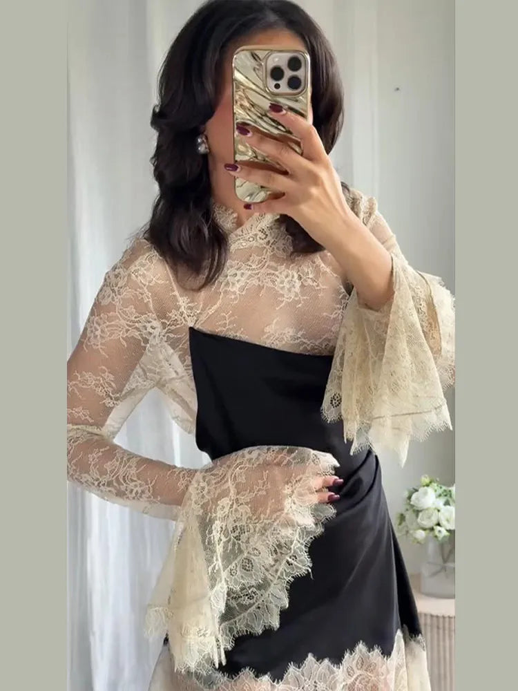 Elegant Lace Trim Satin Dress Women High Neck Color Block Full Sleeve Y2K Mini Dresses 2026 Spring Lady New Sexy Party Clubwear
