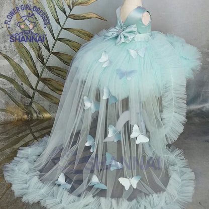 Customized Flower Girl Dresses Puffy Girl Dress Pink Baby Dress With Train Bow Cute Kid's Child Birthday Dresses Frist Communion