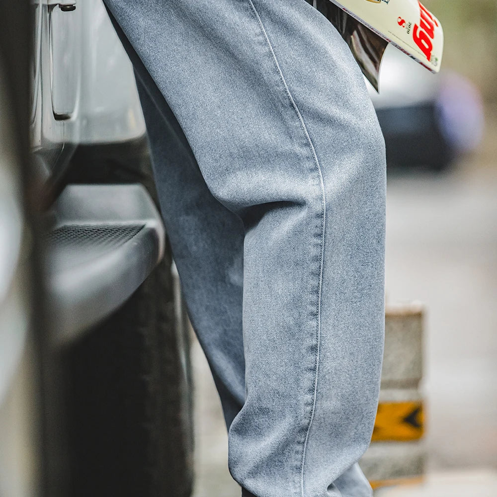 Men Vintage Washed Denim Jeans 12.8 OZ Straight Dark Blue Loose Casual Wide Leg Pants Male Streetwear Blue Jeans Trousers