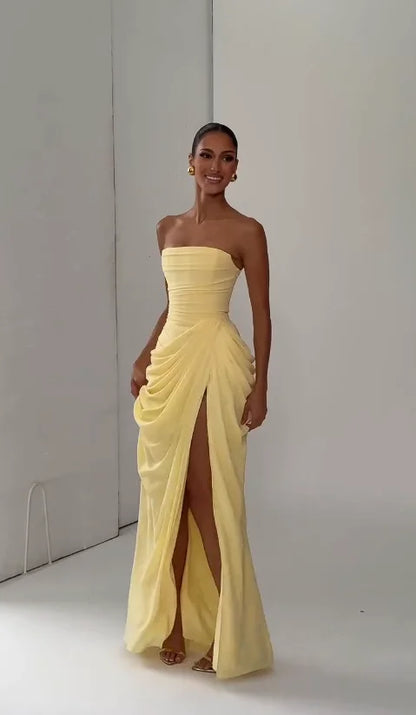 Lady Sexy Strapless Split Solid Pleated Dress Women Chic Backless High Waist Off-shoulder Dresses 2026 New Evening Party Gowns