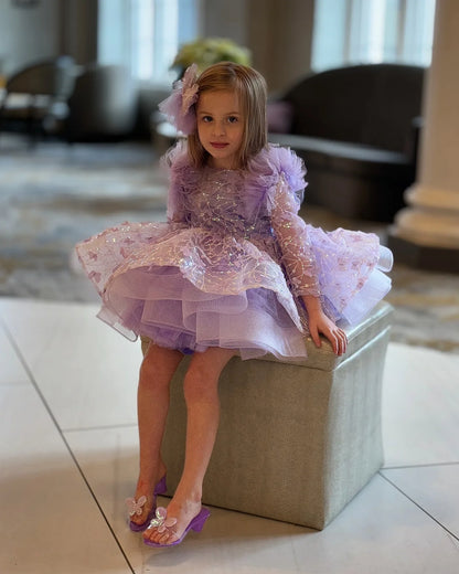 Luxury Girls' Party Dress, Long Sleeved Sequined Butterfly Mesh Dress, One Year Old Birthday Gift, Elegant Dress for Girls Aged