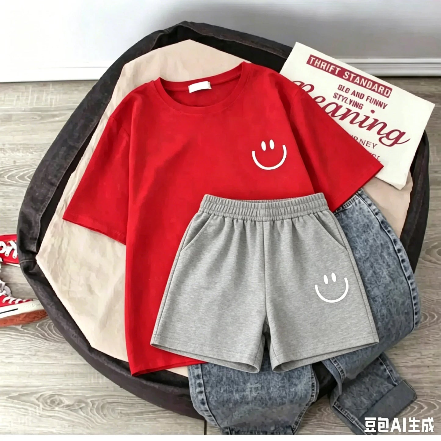 2026 New Summer Smiling Face Print Kids T-shirt Set Short-sleeved Pure Cotton Loose Basic Versatile Cool Simple Kids Outfit Tops
