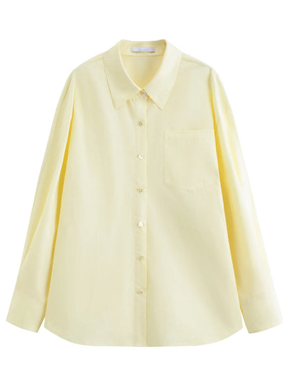 Women's French Loose Fit Cotton Shirt Long Sleeve Layering Top with Web Strap Detail Casual Oversized Blouse