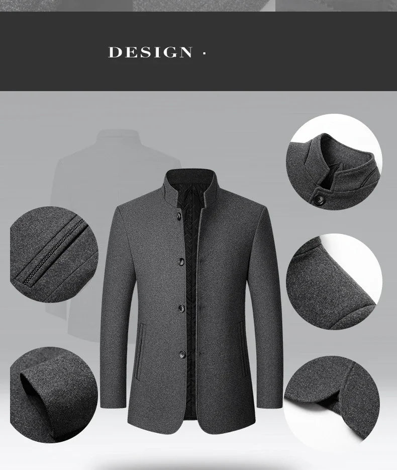 Brand 2026 Winter Coat Mens Chinese Stand Collar Solid Coats for Man Autumn and Winter Business Casual Woolen Jacket