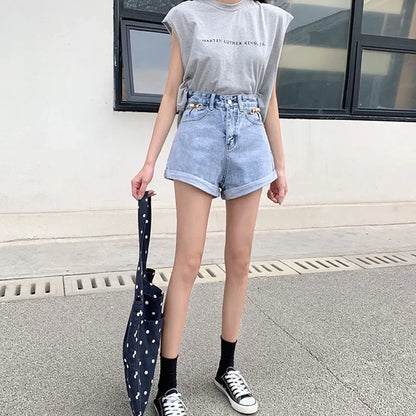 Summer 2024 Denim Shorts Women High Waisted Wide Leg Loose Crimping Blue Jeans Sequined Jean Shorts Female