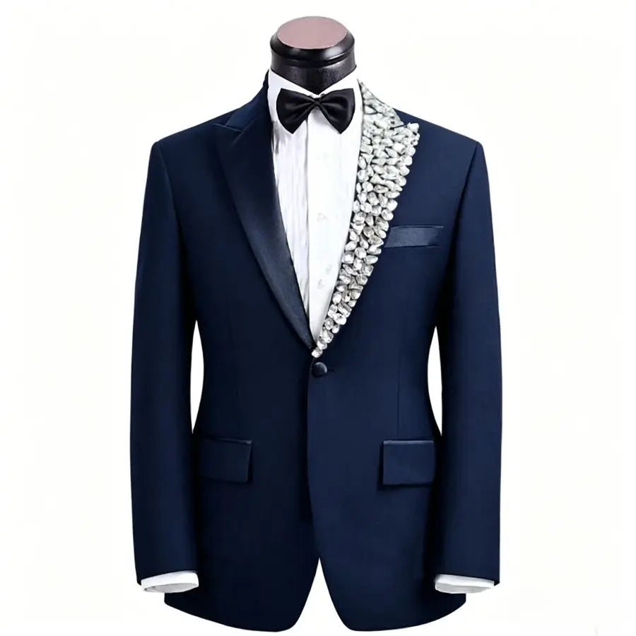 Luxury Beaded Formal Men Suits with Crystal 2 Pieces Wedding Tuxedo for Groom Slim Fit Prom Party Blazer Jacket Pants Set Outfit
