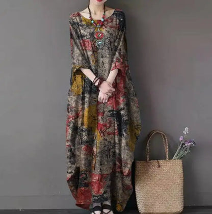 2022 New Loose Printed Cotton Linen Round Neck Long Sleeved Vintage Oversize Dress Women Boho Long Maxi Dress